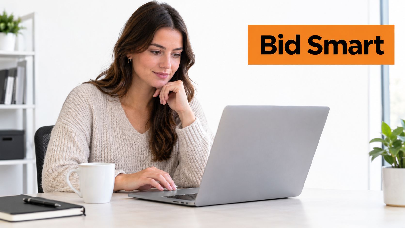 A woman working on a laptop at a bright, minimalist desk with a Bid Smart graphic sign.