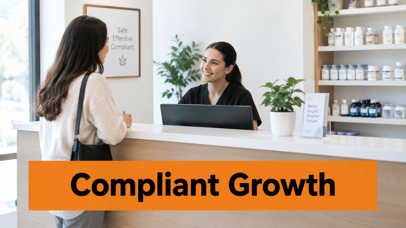 A smiling healthcare receptionist greets a patient at a modern medical facility front desk with products.