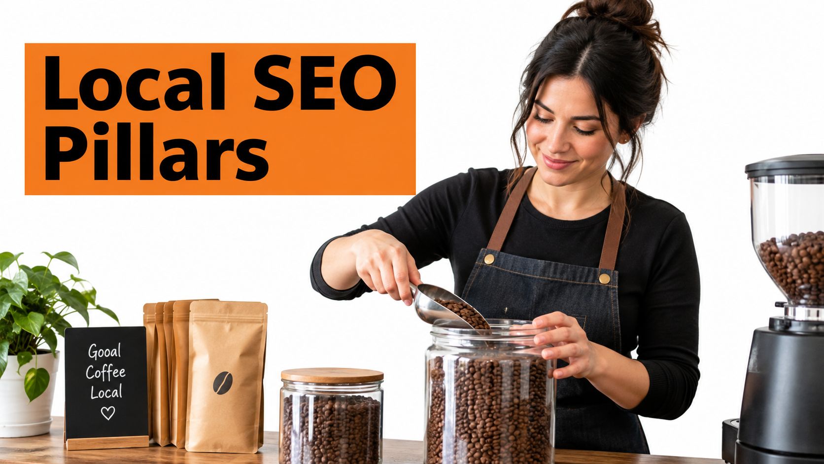 A smiling barista pouring coffee beans into a glass jar with a chalkboard sign nearby