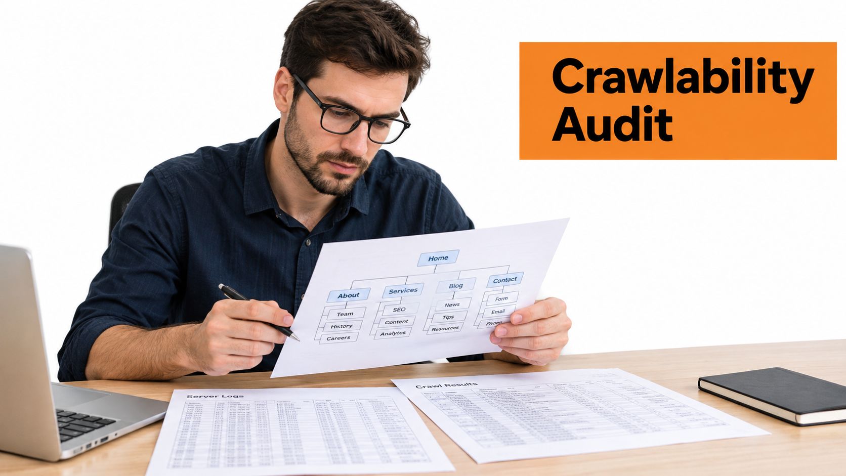 A professional man reviewing a website architecture diagram and server logs during an ecommerce seo audit.