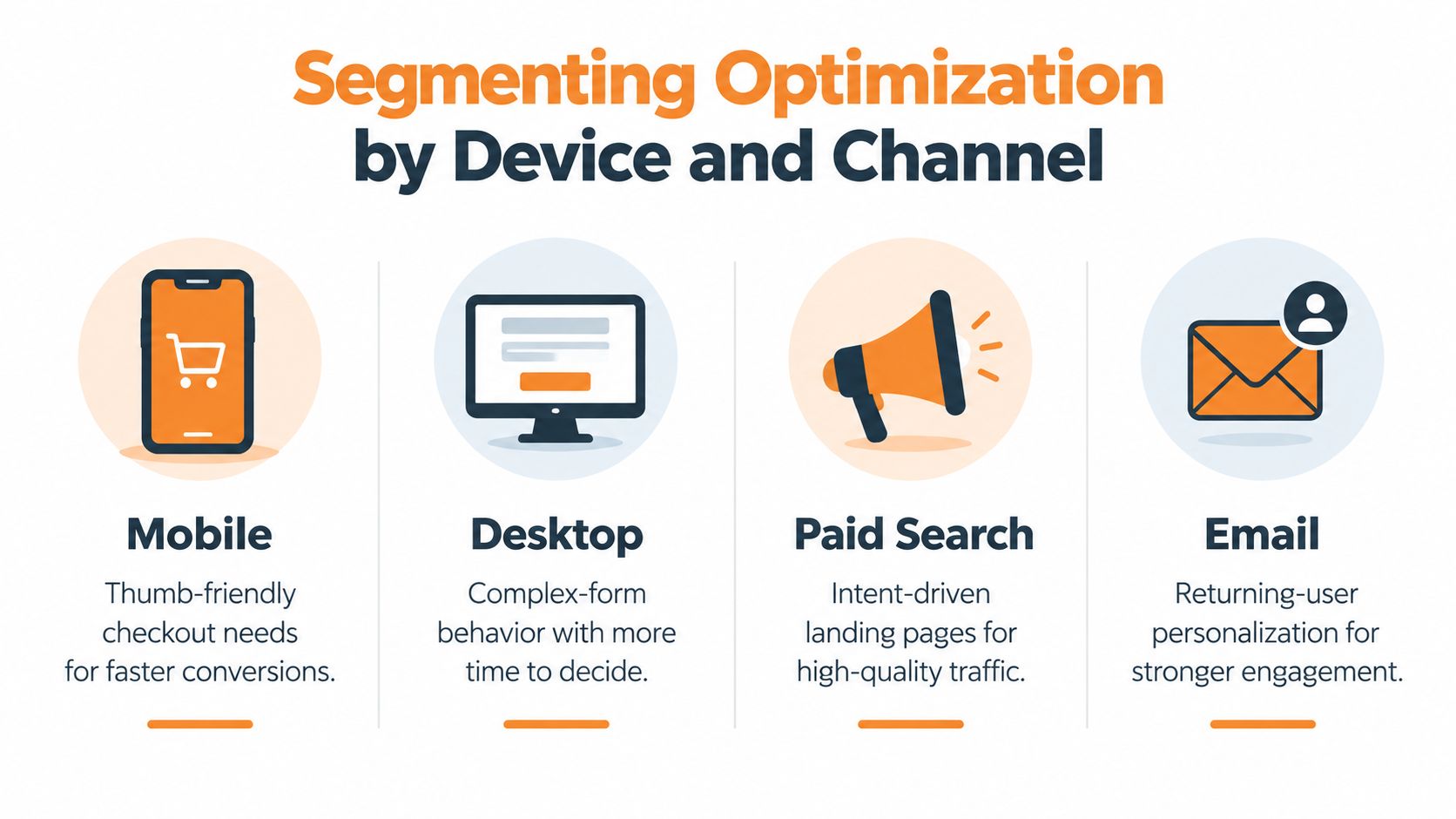 An infographic showing conversion rate optimization strategies segmented by mobile, desktop, paid search, and email channels.