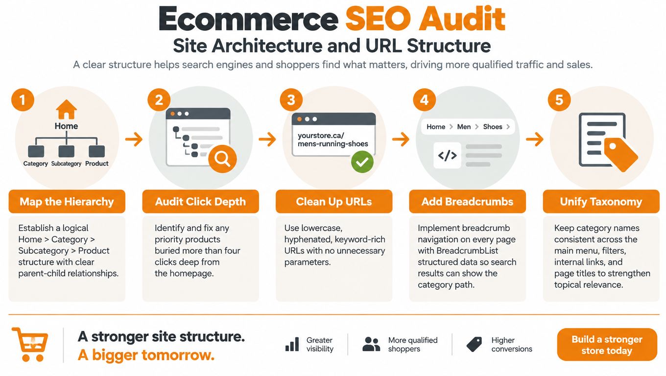 A five-step ecommerce SEO audit checklist for optimizing site architecture and improving URL structure for search engines.