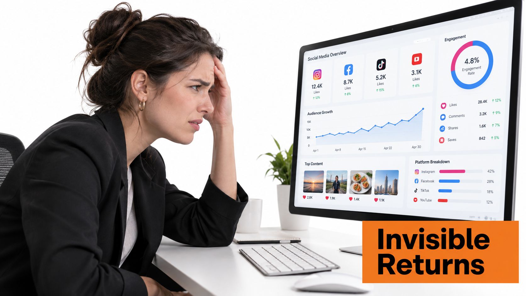 A stressed woman looking at a computer screen displaying social media analytics and marketing data charts.