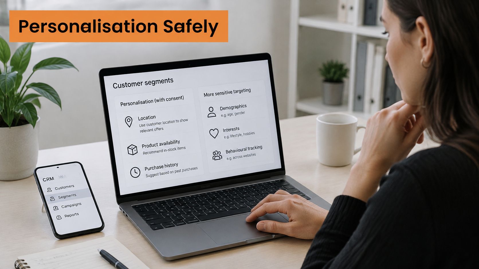 A professional analyzing customer segments for an omnichannel marketing strategy on a laptop and smartphone screen.