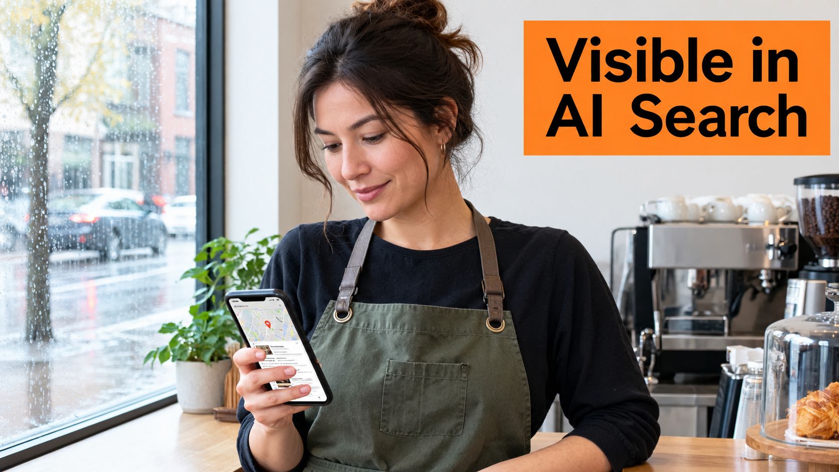 A cafe employee using a smartphone to manage business location settings while standing behind a counter.