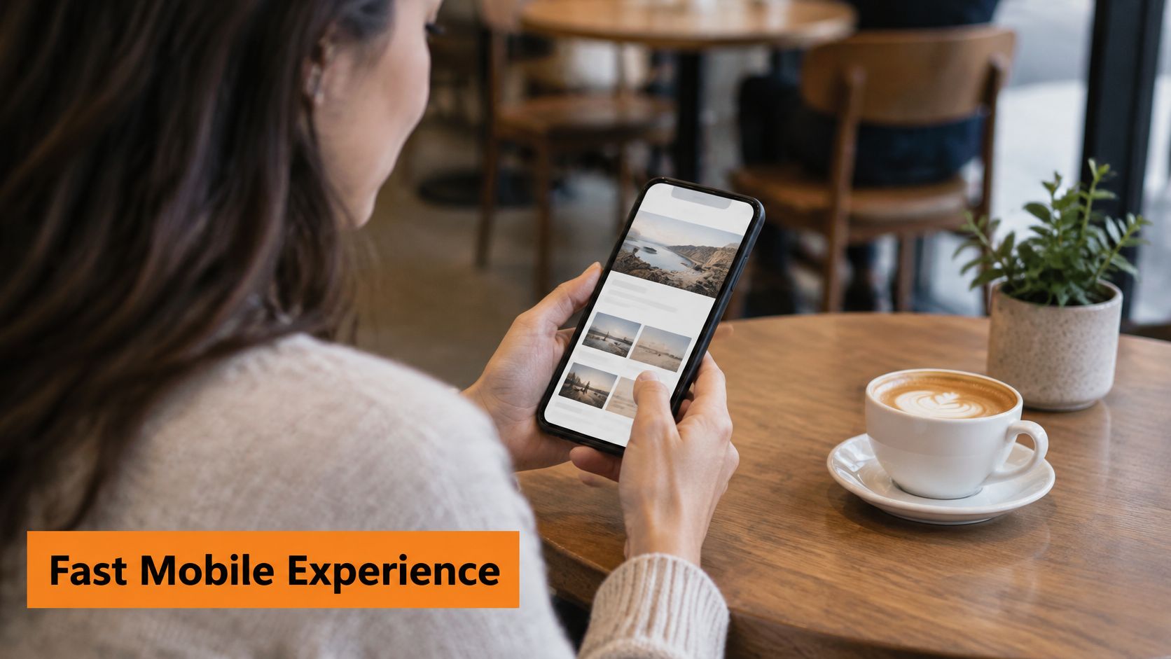 A woman using her smartphone in a cafe while viewing photo galleries on a mobile website.