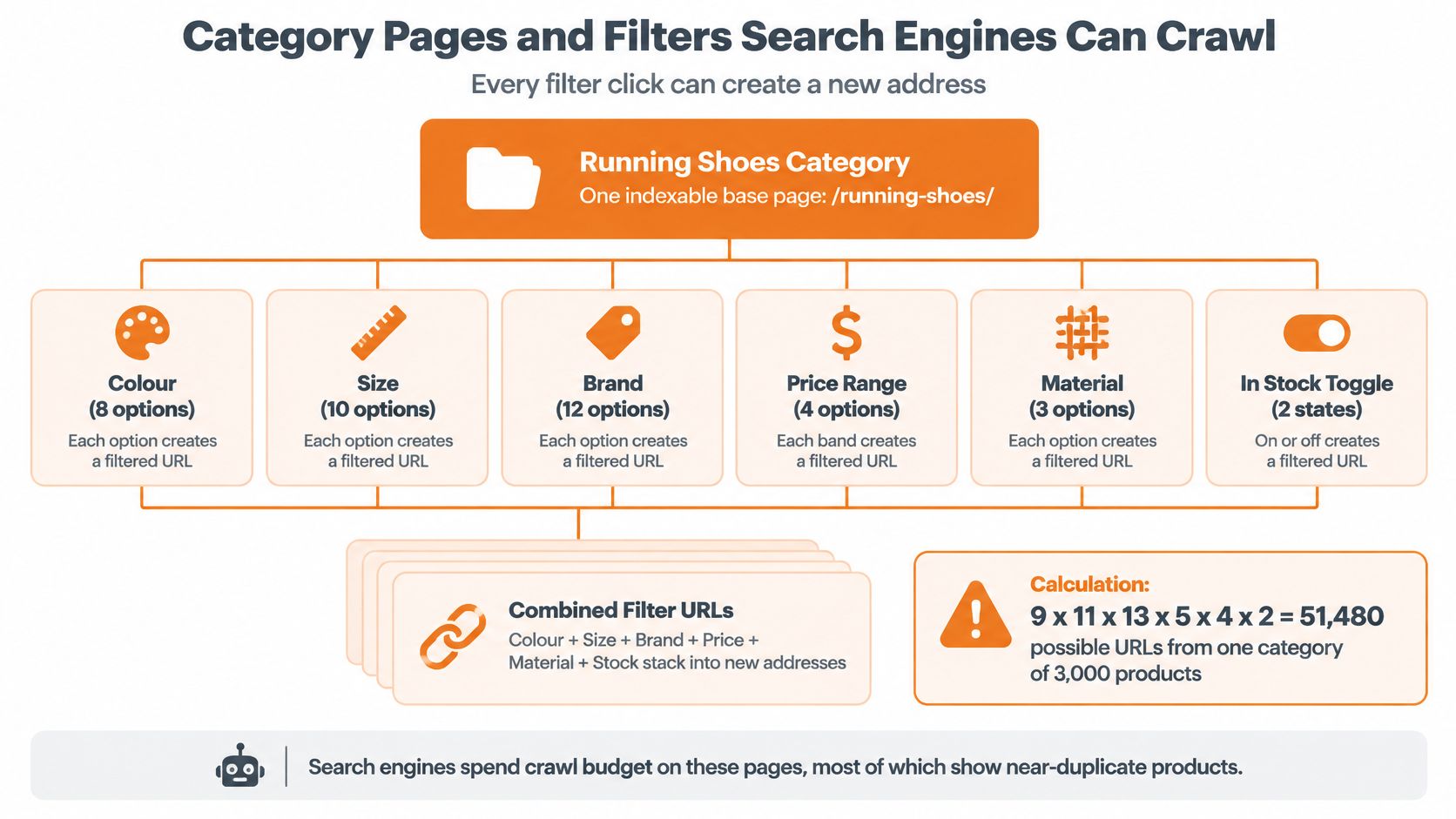 A diagram illustrating how e-commerce product filter combinations generate thousands of unique URLs for search engine crawlers.