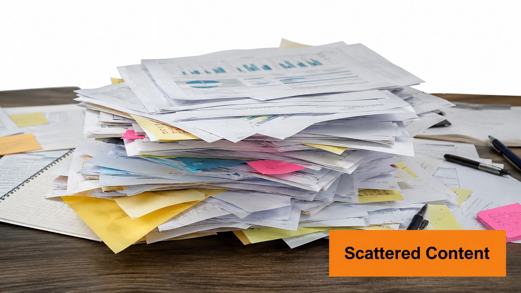A large, messy stack of documents, papers, and colorful sticky notes sits on a wooden desk.