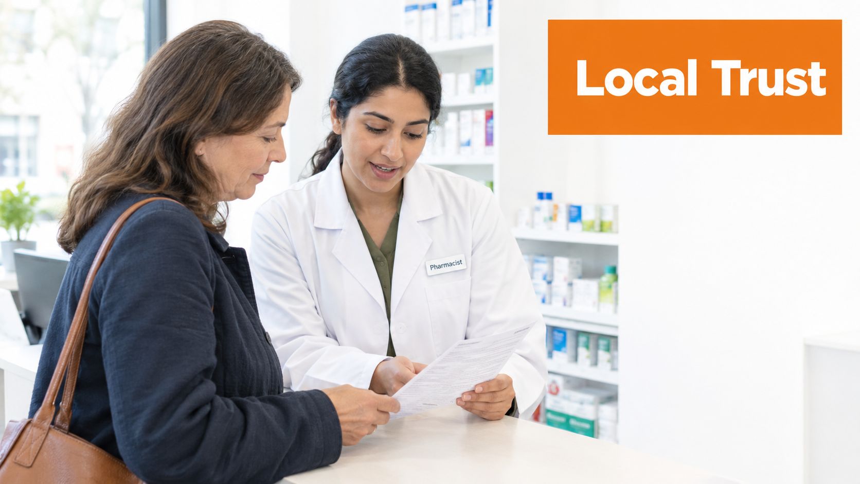 A pharmacist in a white coat explains a prescription document to a female customer in a pharmacy.
