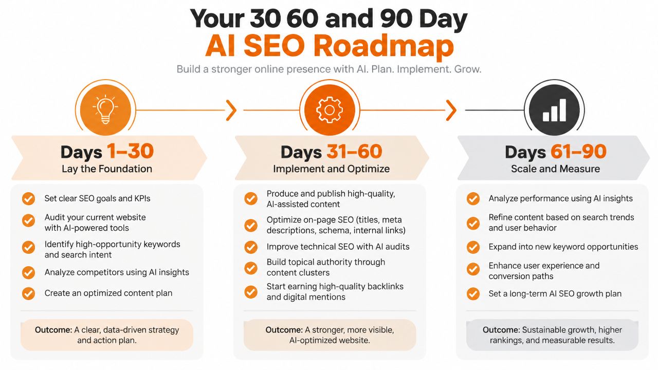 A 90-day AI SEO roadmap infographic outlining strategic steps to plan, implement, and grow an online presence.