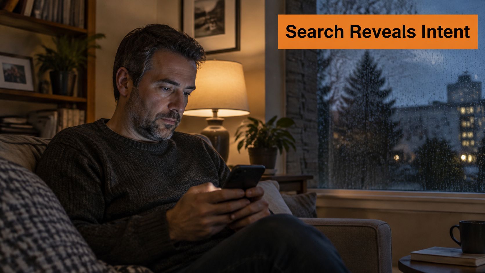 A man sitting on a couch at home in the evening using his smartphone in a dimly lit room.