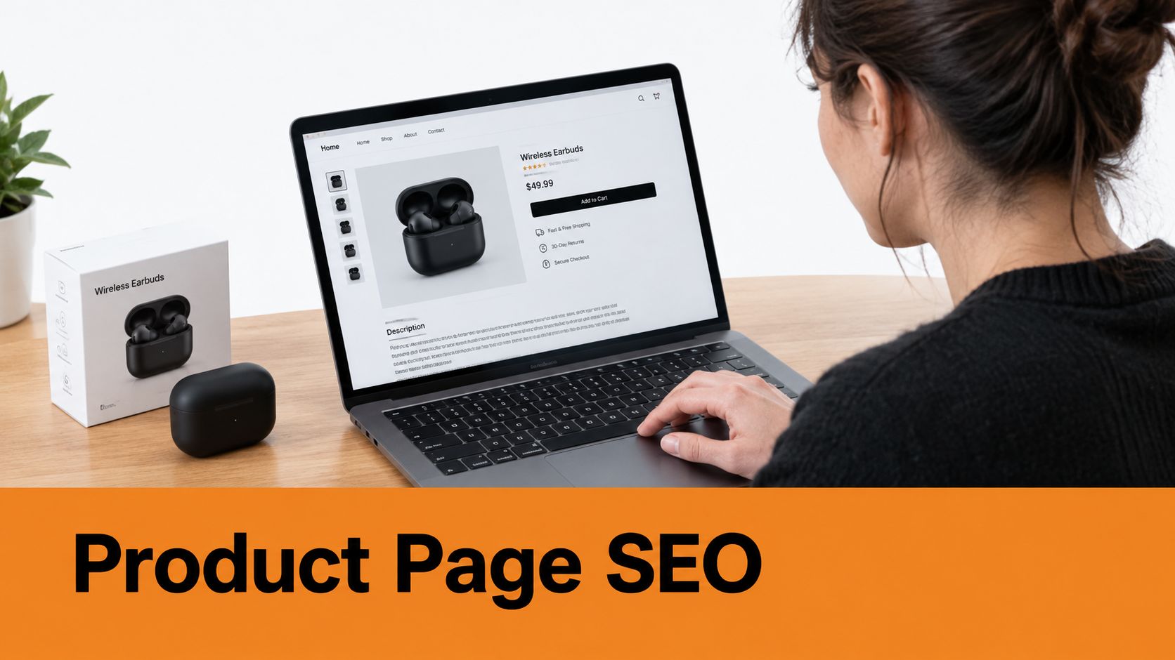 A woman using a laptop to view a product page for wireless earbuds while working at home.
