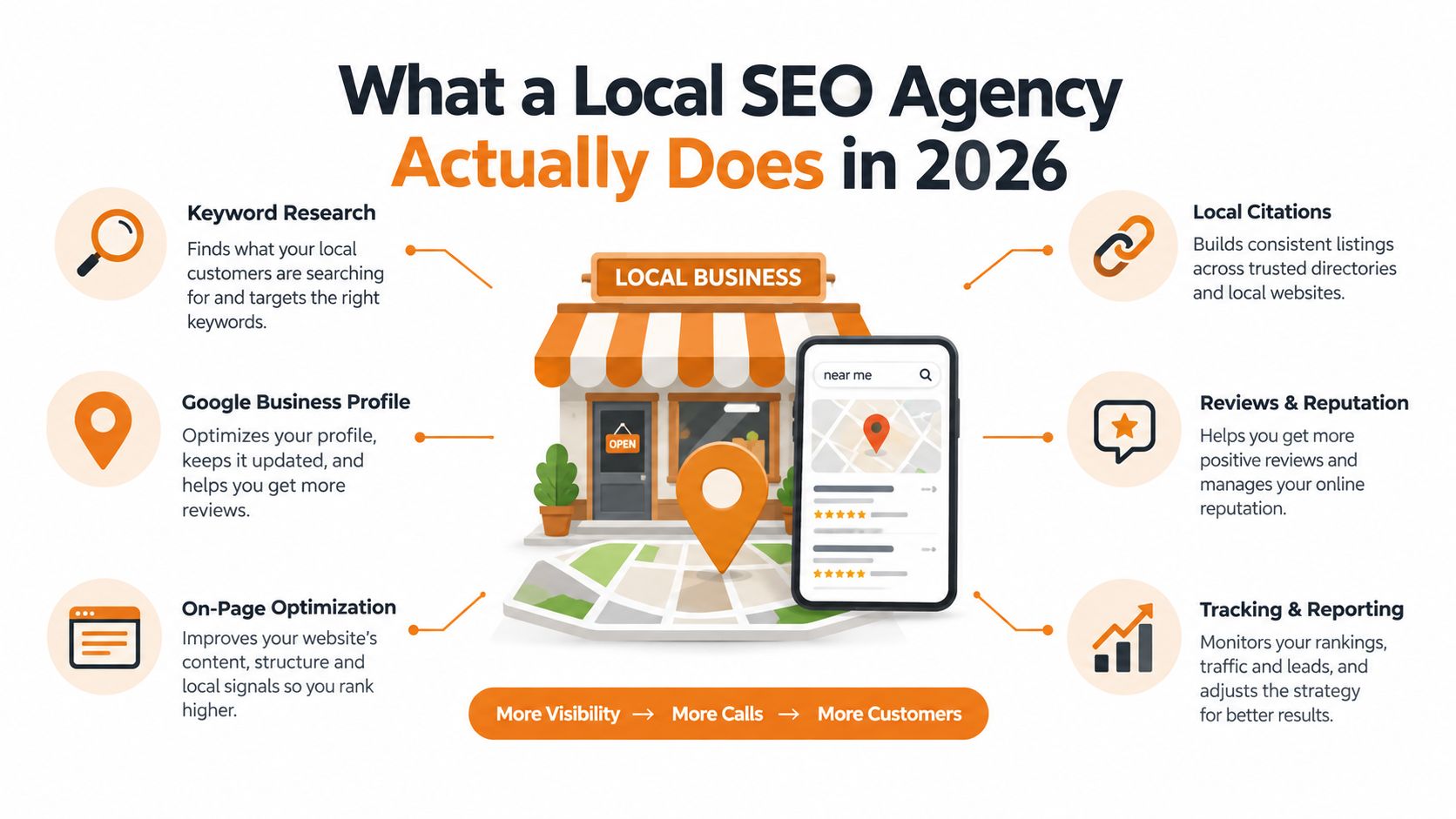 An infographic showing the core services provided by a local SEO agency to increase business visibility.