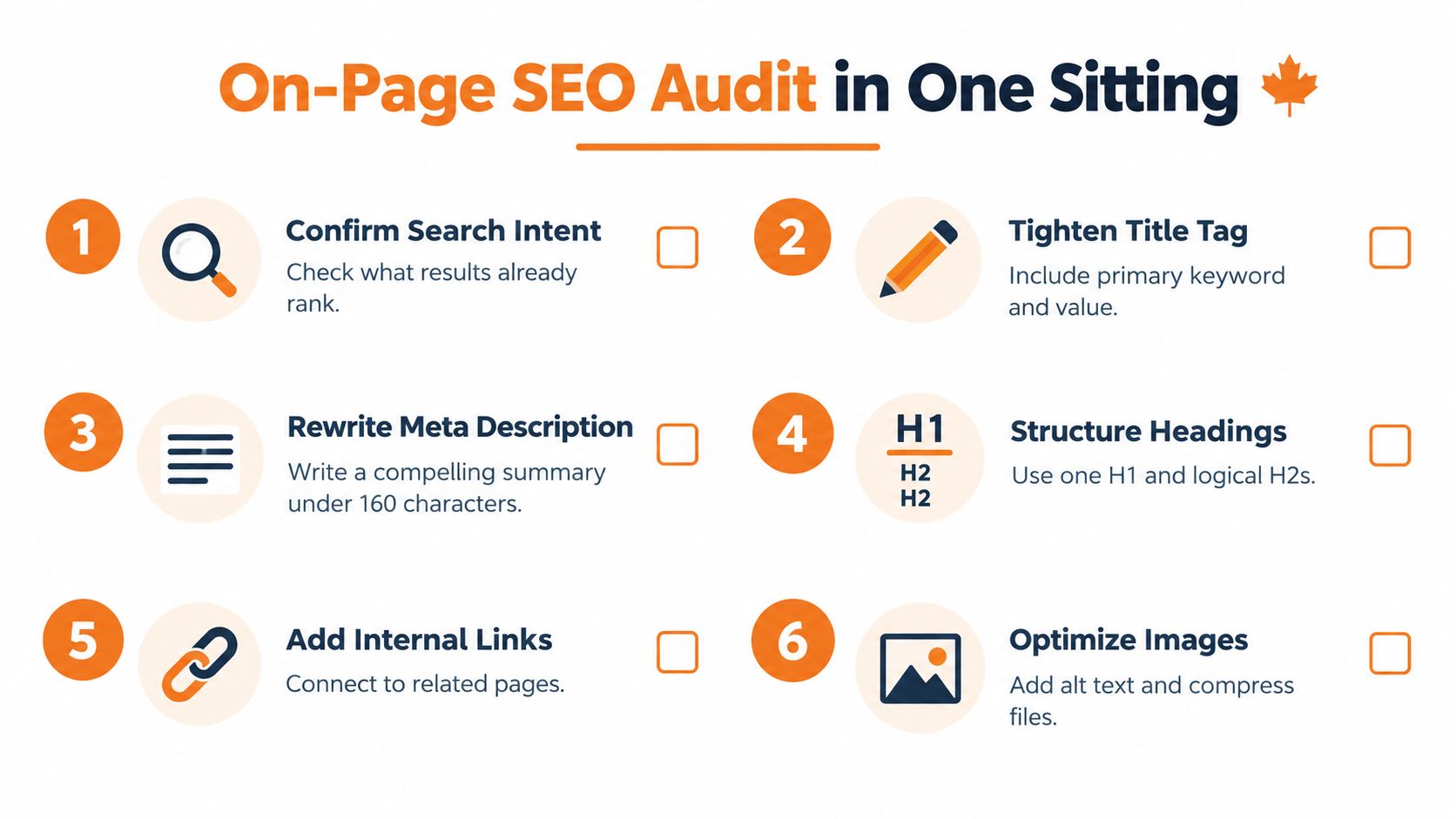 A six-step infographic checklist for performing an on-page SEO audit in one sitting.