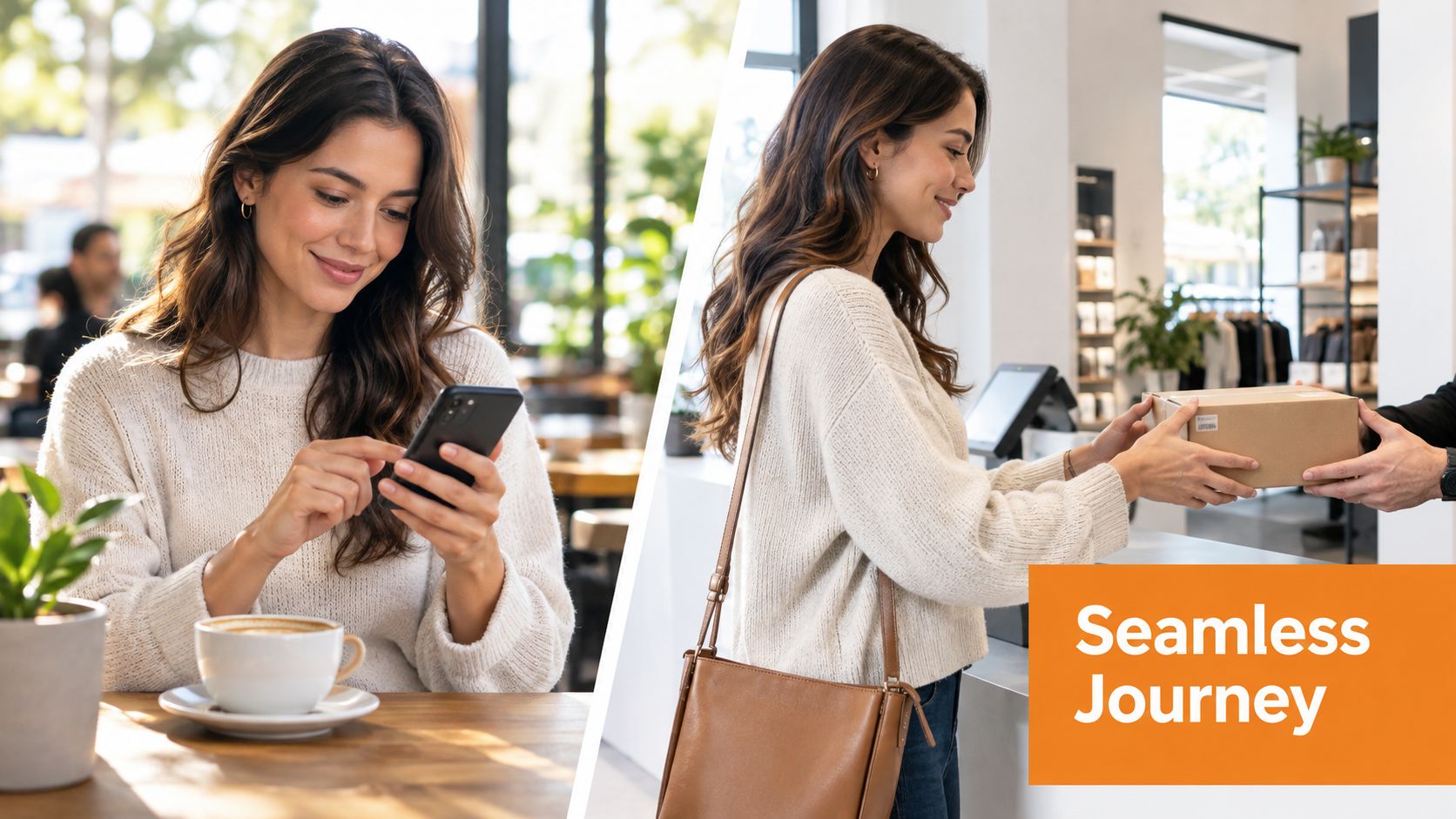 A woman using her smartphone in a cafe and picking up a package in a store.