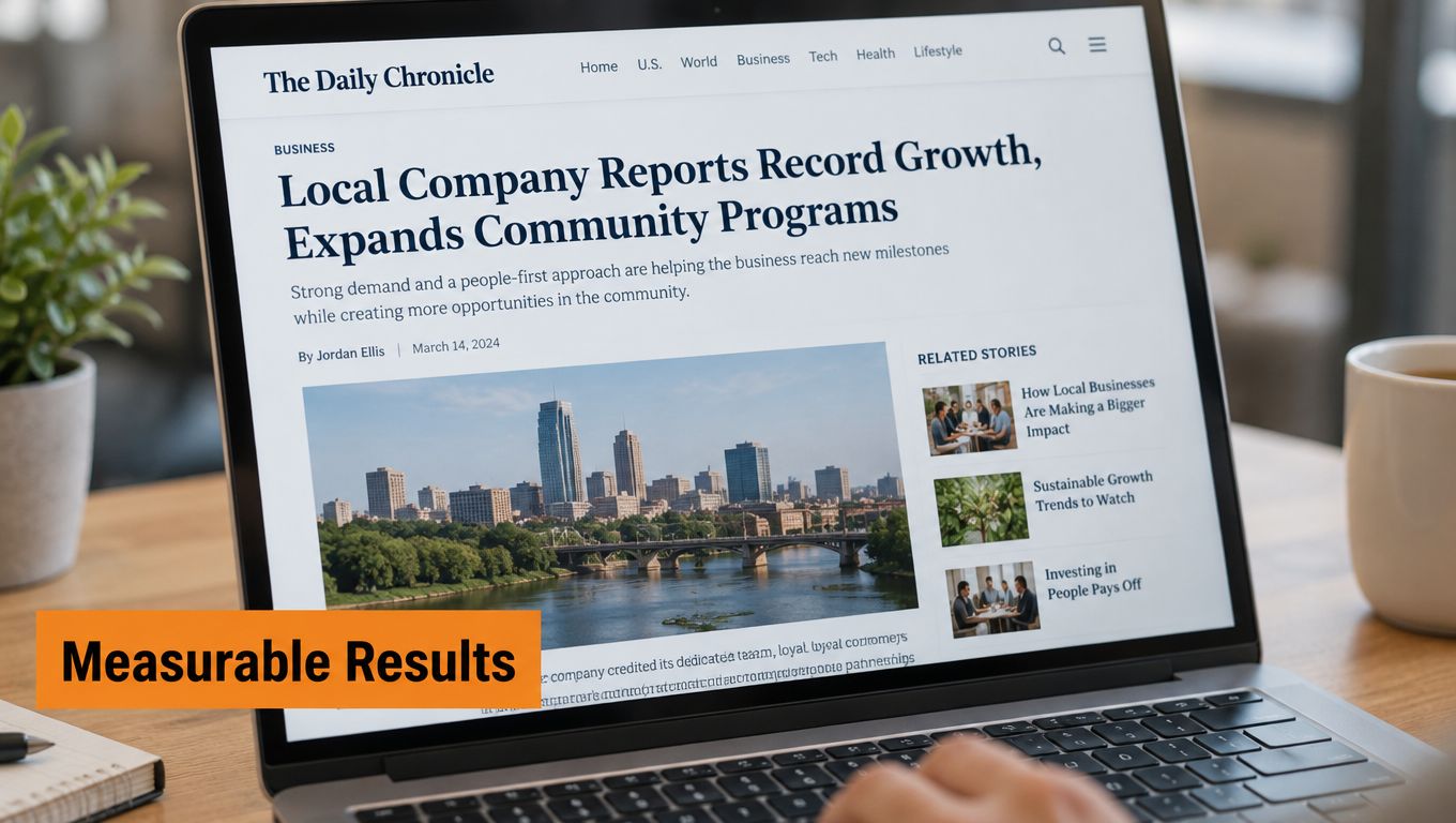 A person reading a business news article about local company growth on a laptop screen.