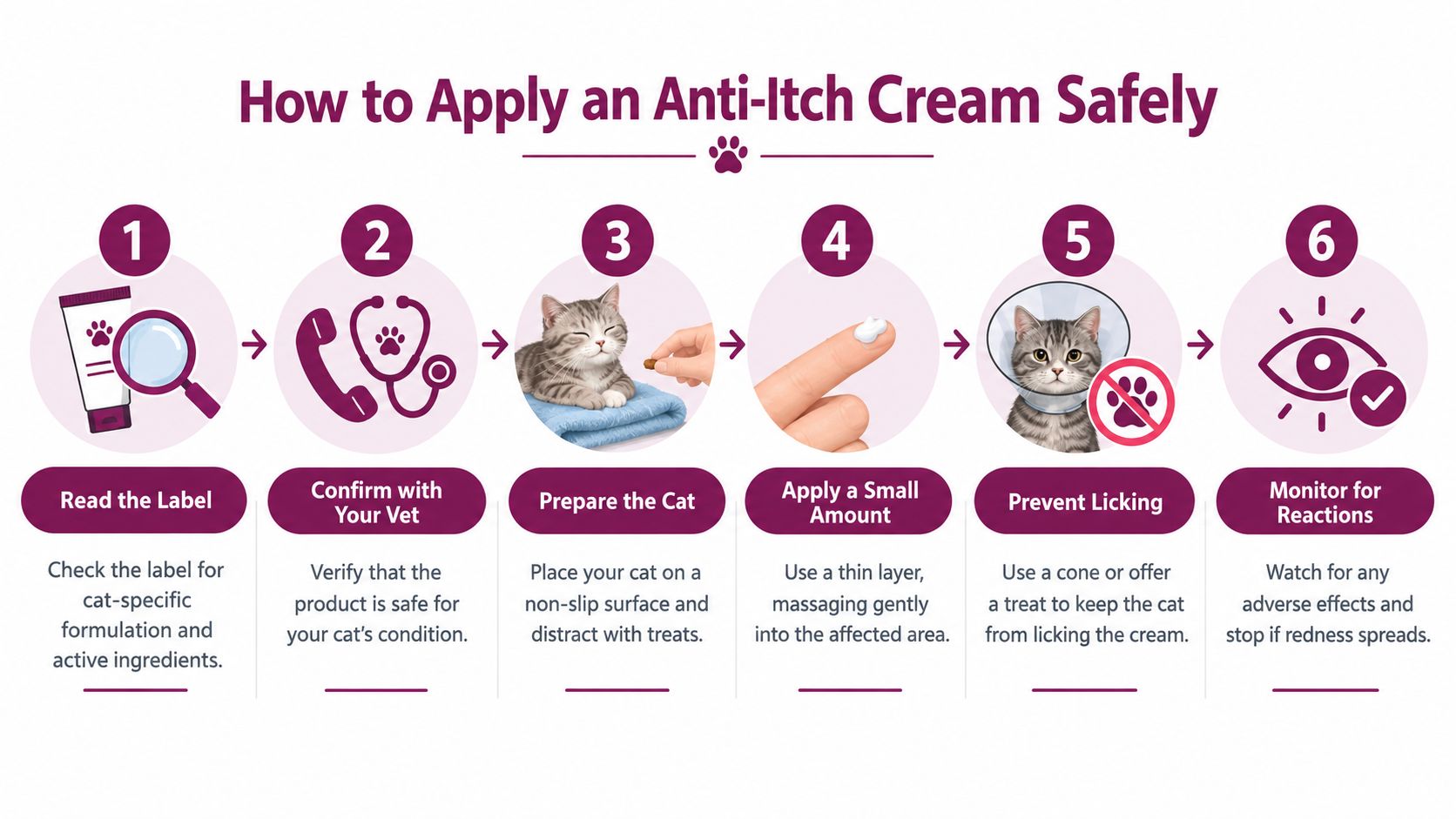 An infographic showing six steps to safely apply anti-itch cream to your cat's skin.