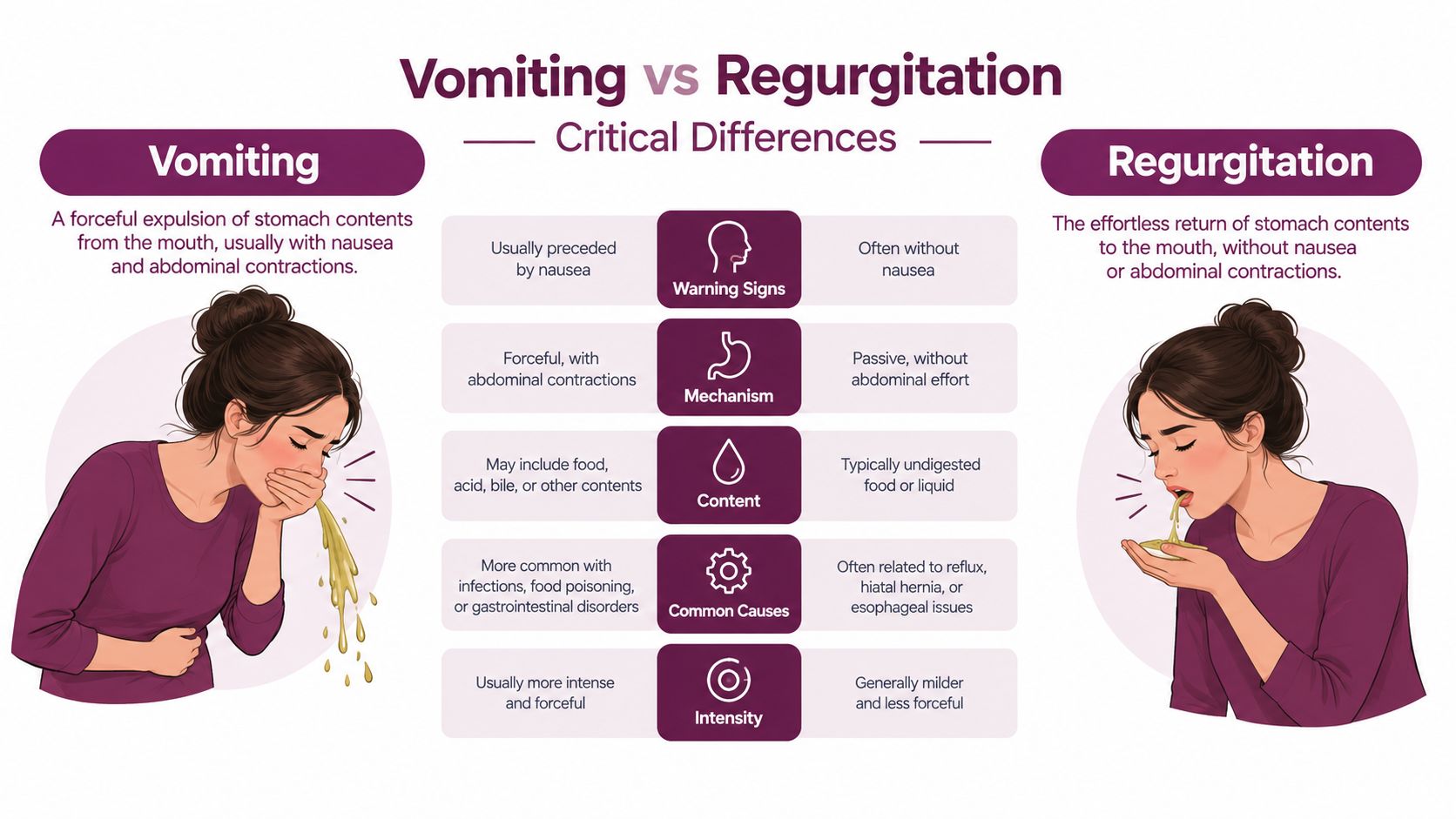 A comparison chart showing the key differences between vomiting and regurgitation with descriptive text and illustrations.