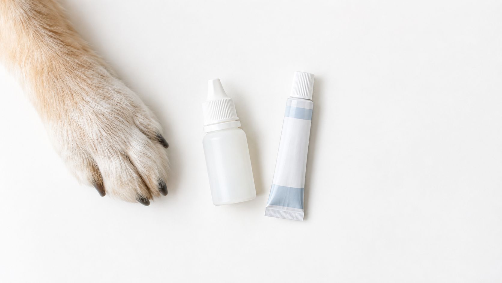 A close up of a dog paw beside an eye drop bottle and a tube of ointment.