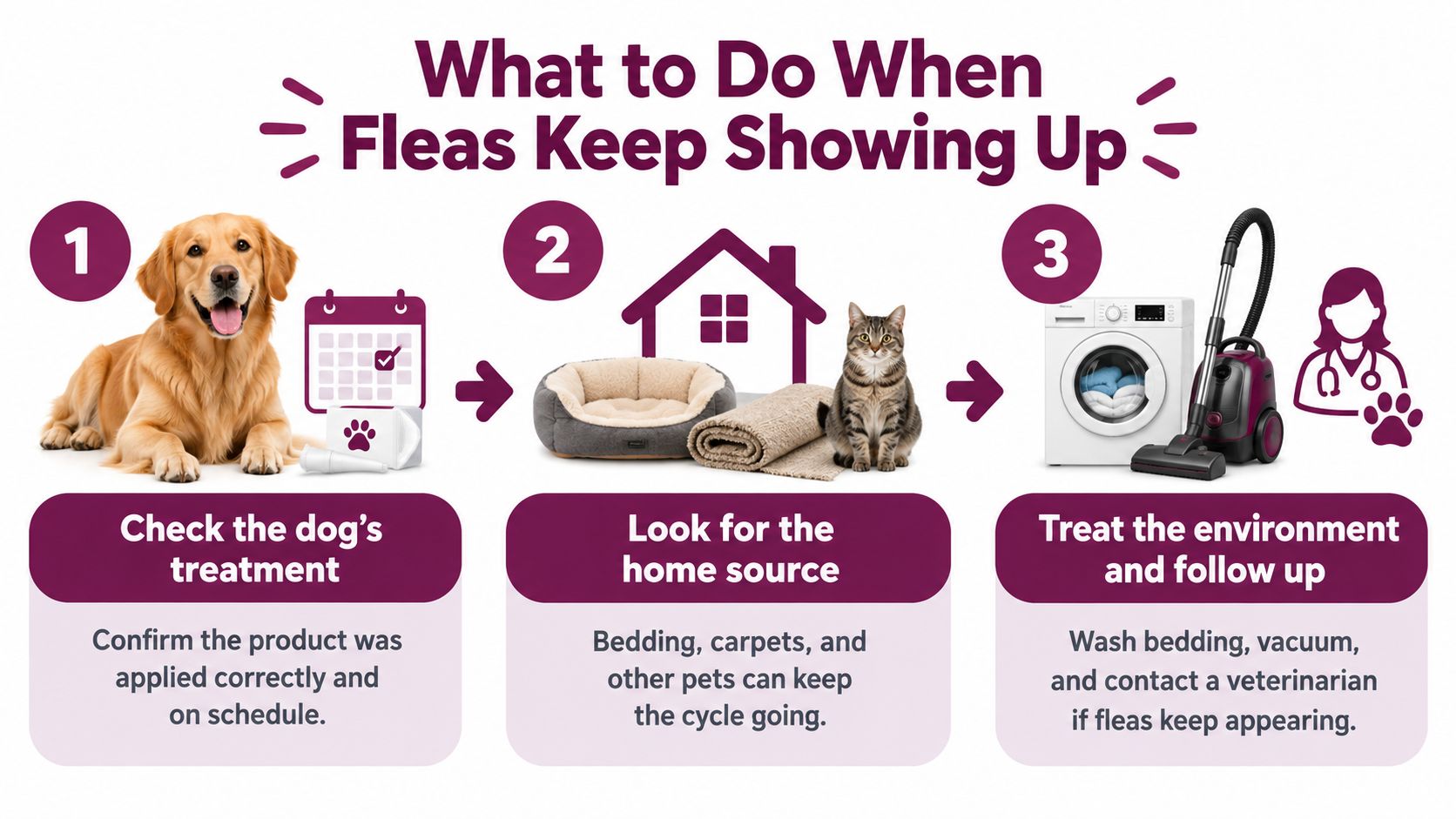 An infographic showing three steps to treat flea infestations in pets and households effectively.