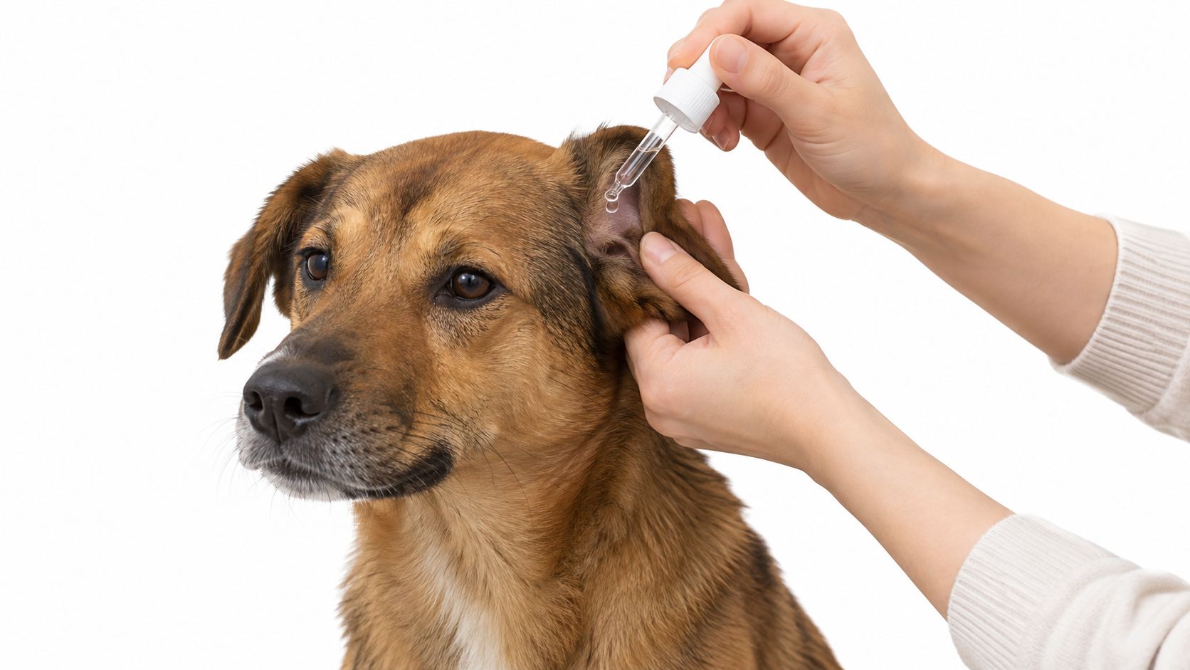 A person carefully applying medicated ear drops into a calm brown dog's ear for treatment.