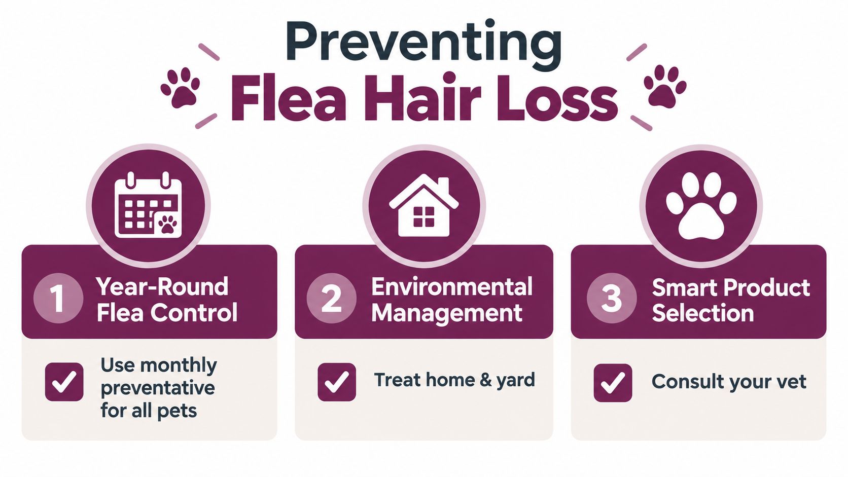 An infographic titled Preventing Flea Hair Loss with three steps for year-round control, environmental management, and product selection.