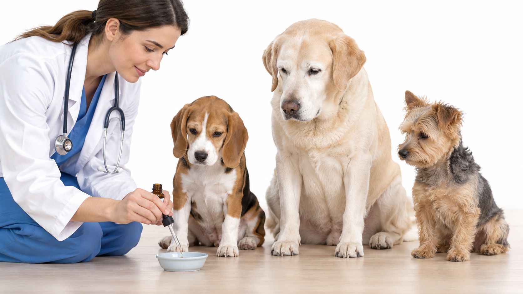 A female veterinarian wearing a lab coat and stethoscope administers liquid medicine to dogs in a studio.