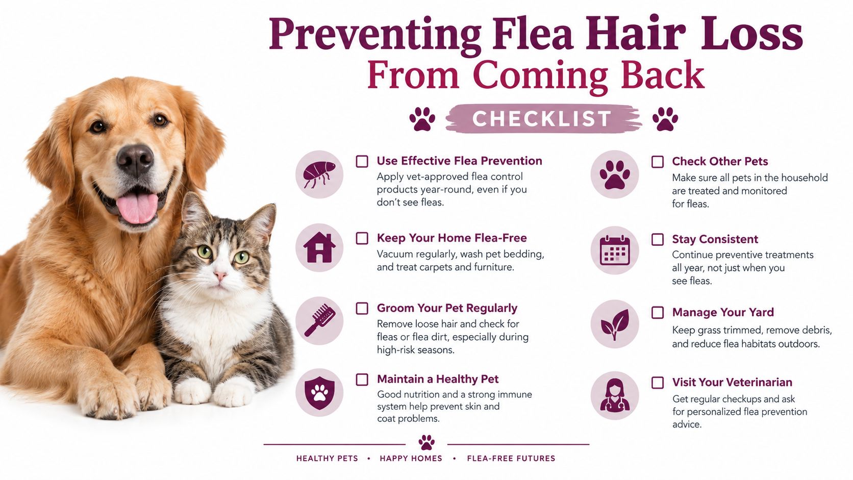 A checklist for pet owners on preventing flea infestations to avoid hair loss in dogs and cats.