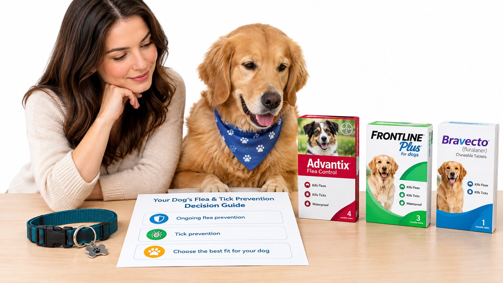 A smiling woman looks at a Golden Retriever next to flea and tick prevention products on a table.