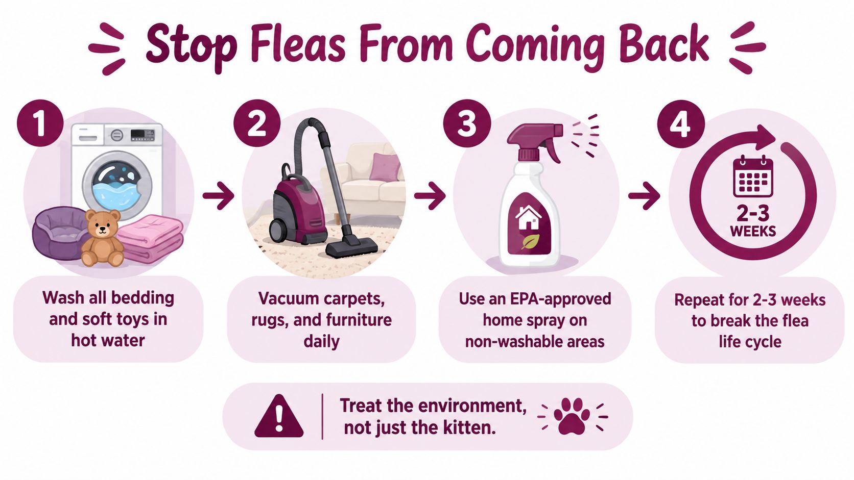 A four-step infographic illustrating how to eliminate fleas from a kitten's environment by cleaning and spraying.