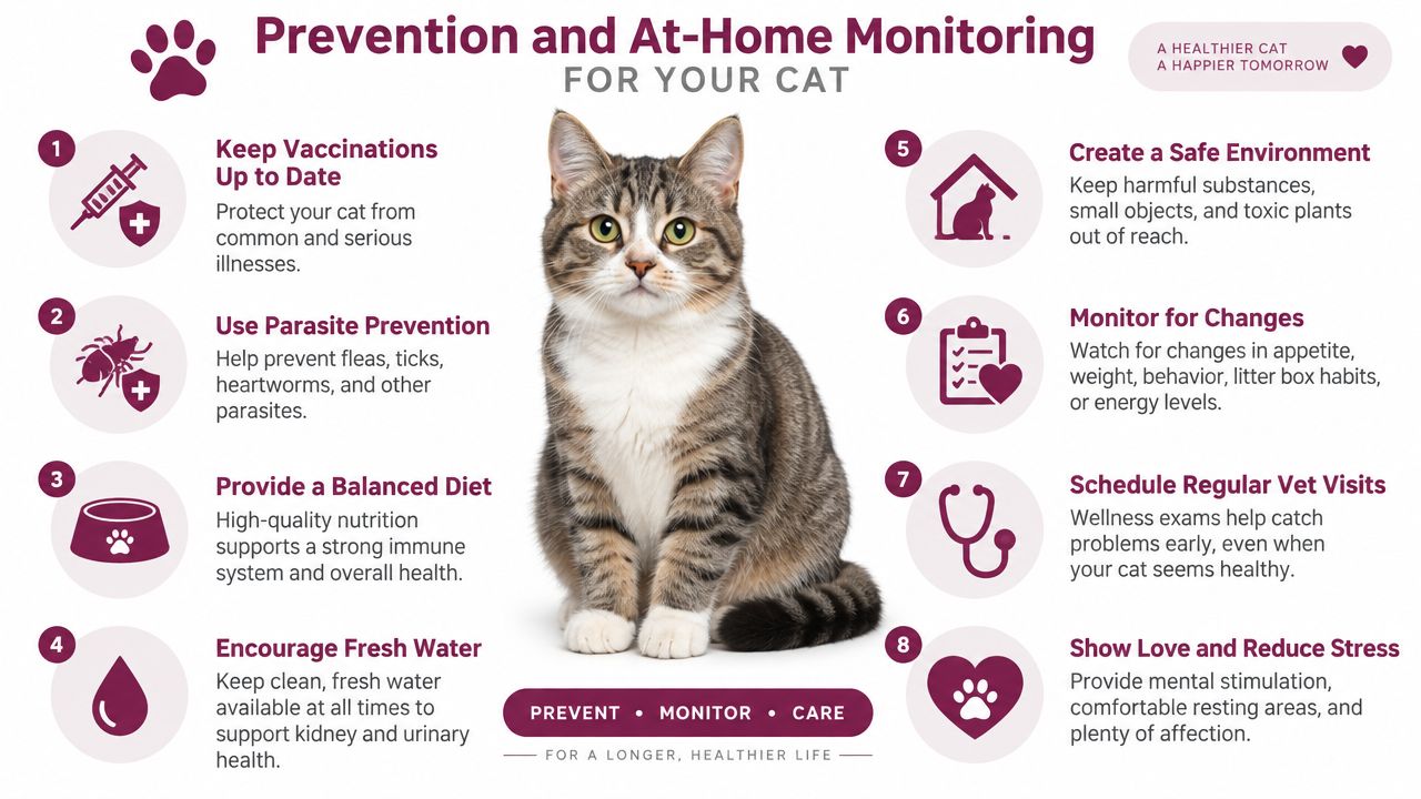 An infographic showing eight tips for cat owners, including health, environment, diet, and monitoring for changes.