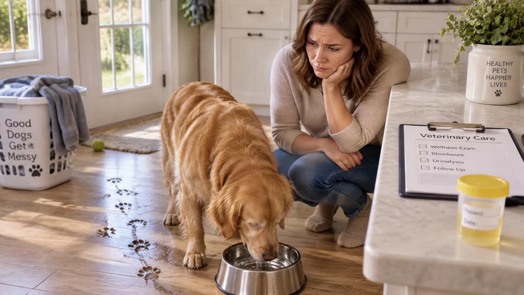 A concerned woman watches her golden retriever drink water while a veterinary care form sits nearby.