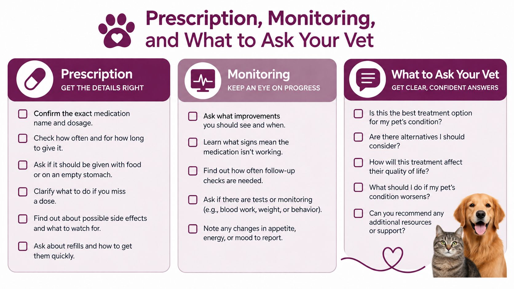 An infographic titled Prescription, Monitoring, and What to Ask Your Vet, providing guidance for pet owners on medication.