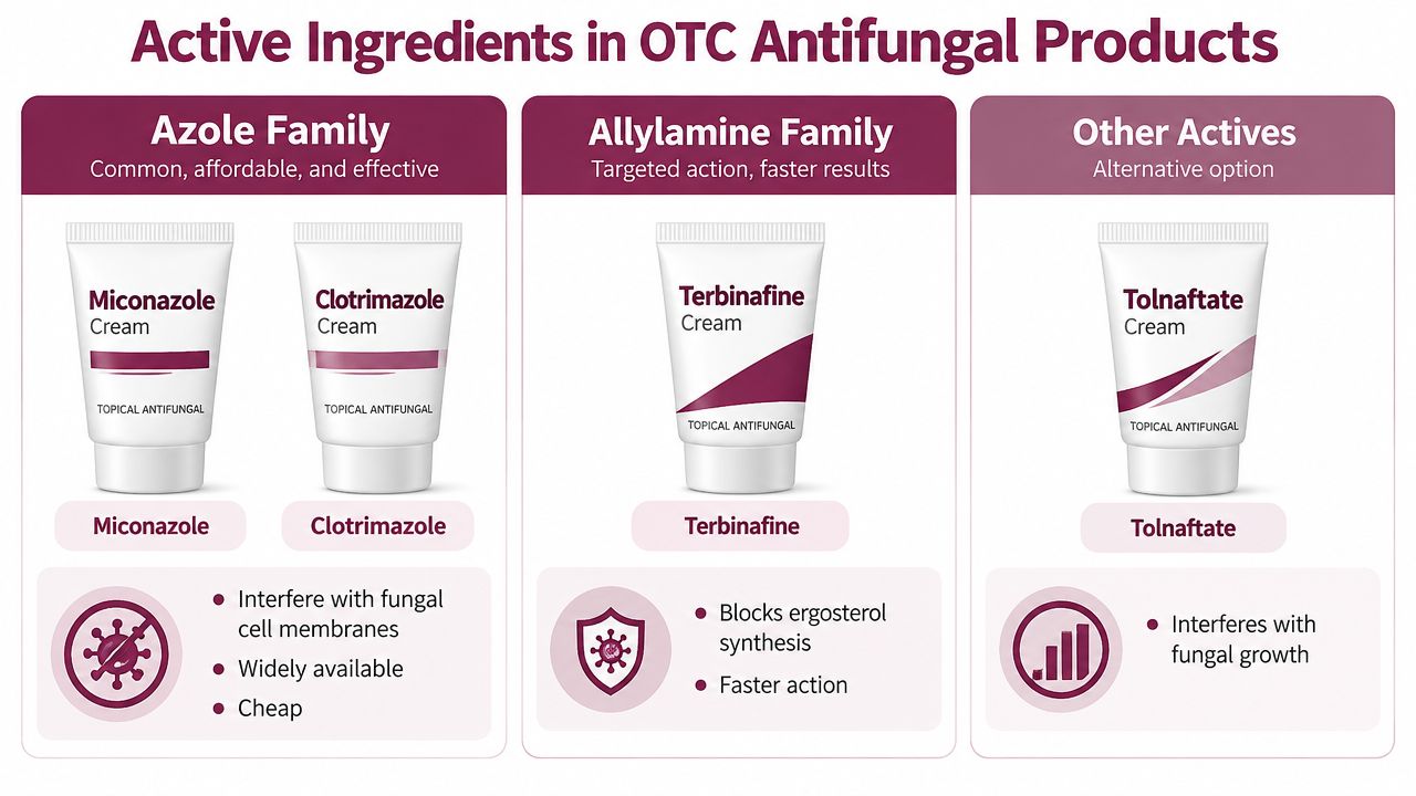 A chart comparing different types of over-the-counter antifungal ingredients including Azole, Allylamine, and other active treatments.