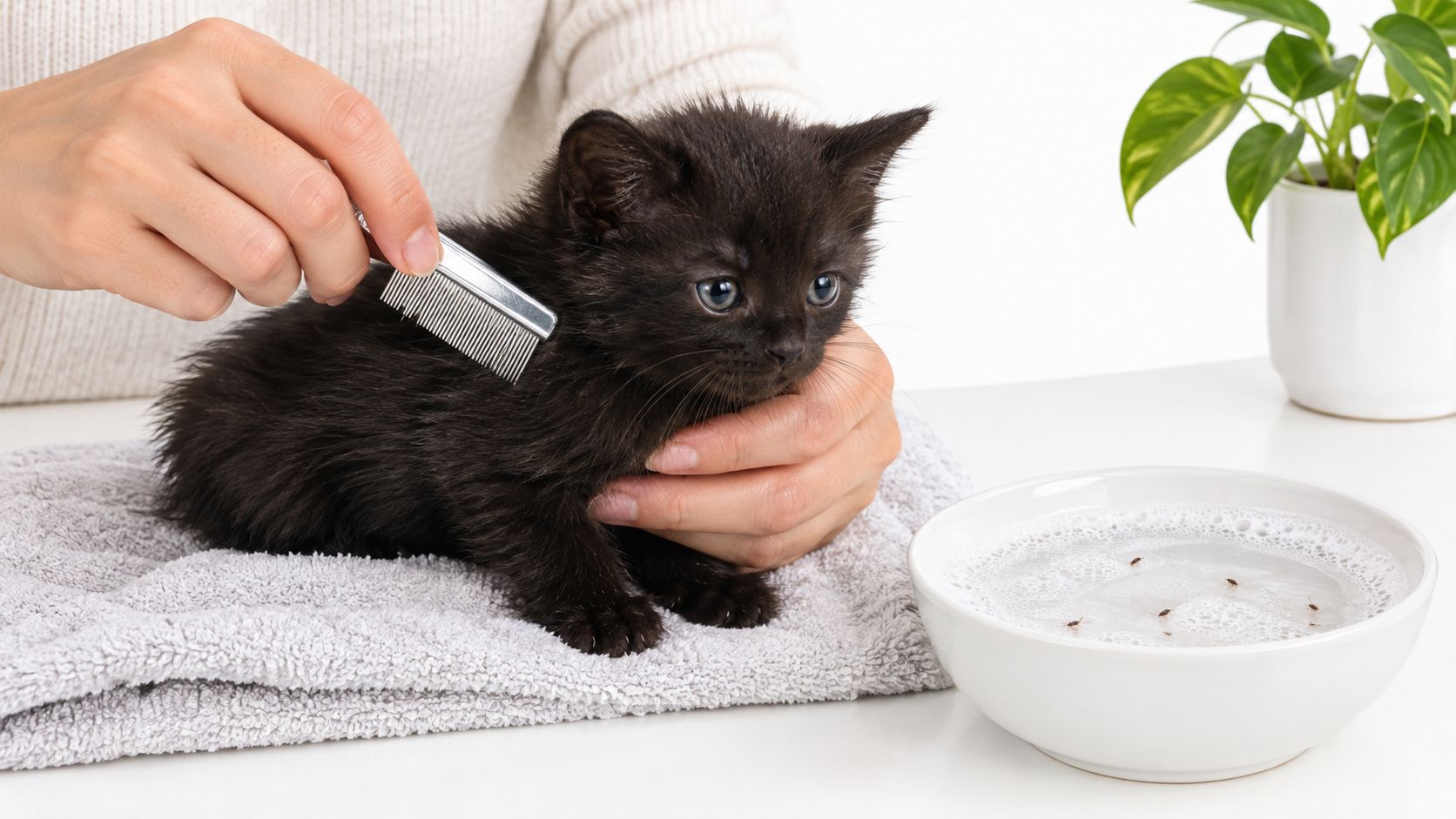 A person uses a fine-toothed flea comb to groom a tiny black kitten on a towel.