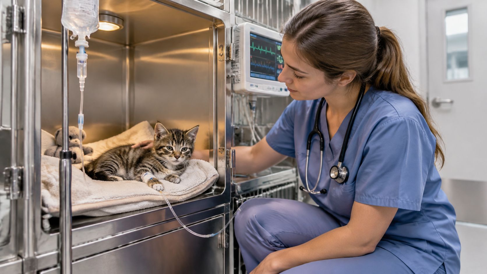 A female veterinarian wearing blue scrubs gently cares for a sick tabby kitten inside a kennel.