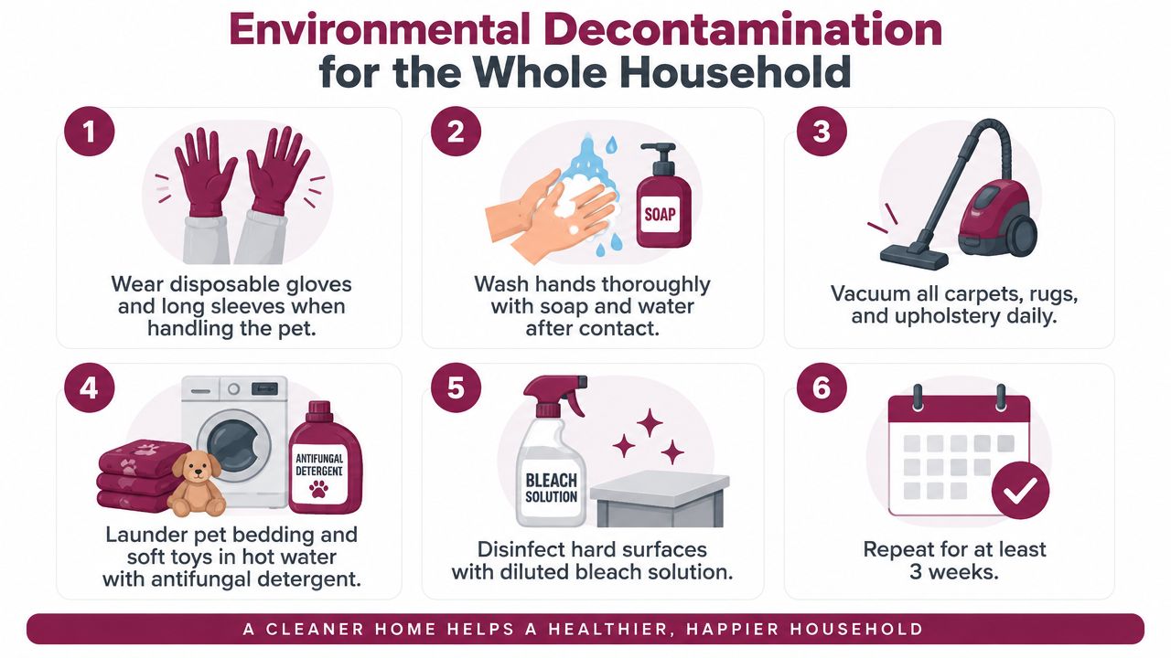 A six-step infographic detailing household cleaning procedures to prevent the spread of fungal ringworm infections.