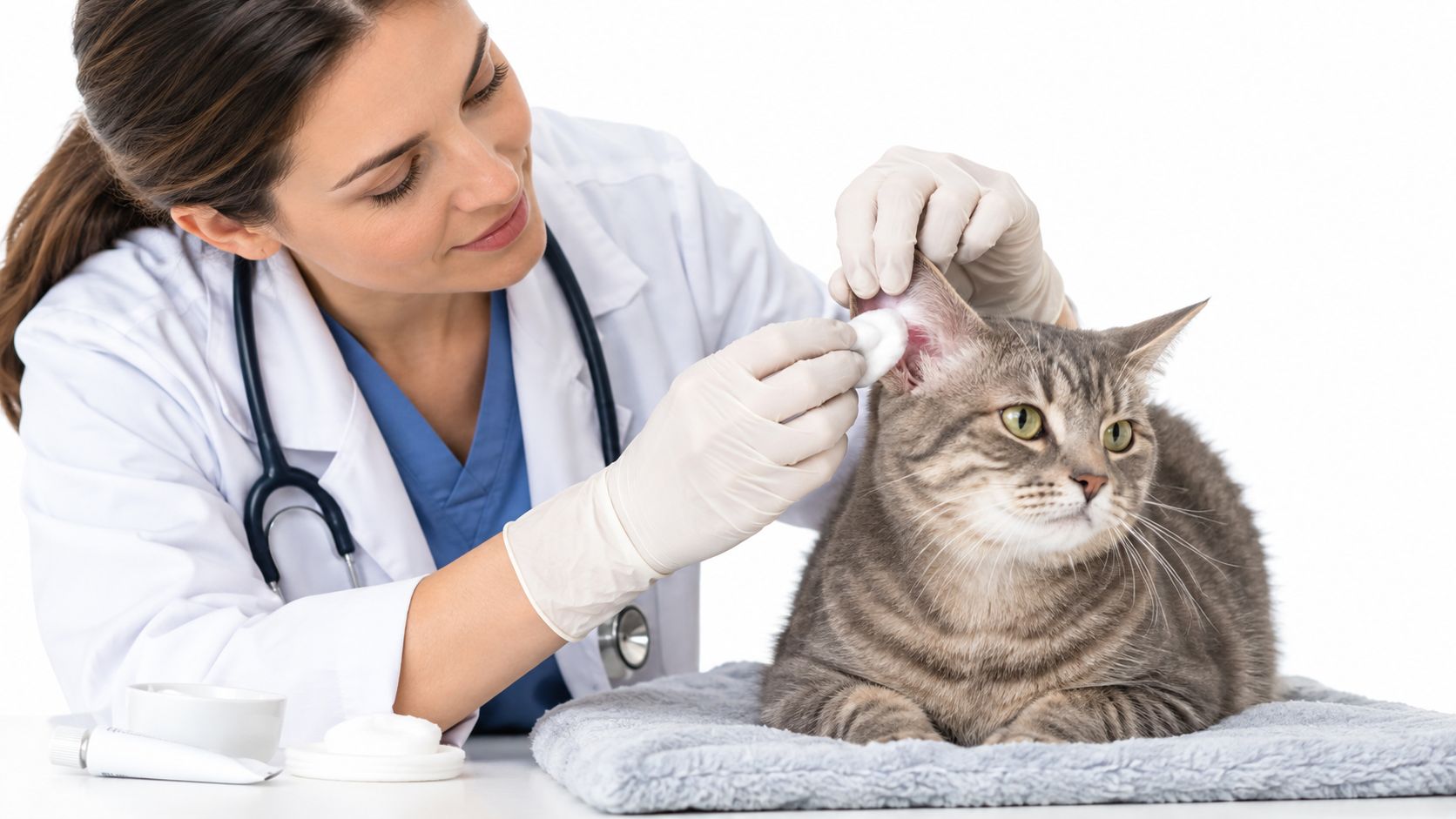 A female veterinarian wearing gloves gently cleans a grey tabby cat's ears with a cotton ball.