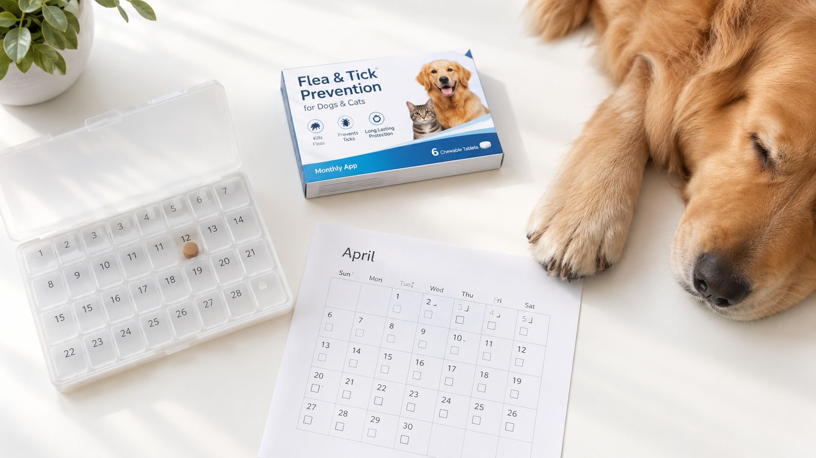 A golden retriever rests near a pill organizer and a calendar for flea and tick prevention.