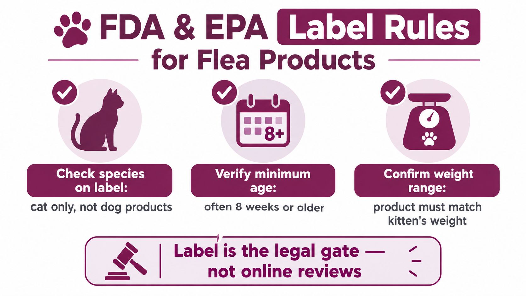 An infographic detailing FDA and EPA rules for choosing safe flea treatments for cats and kittens.