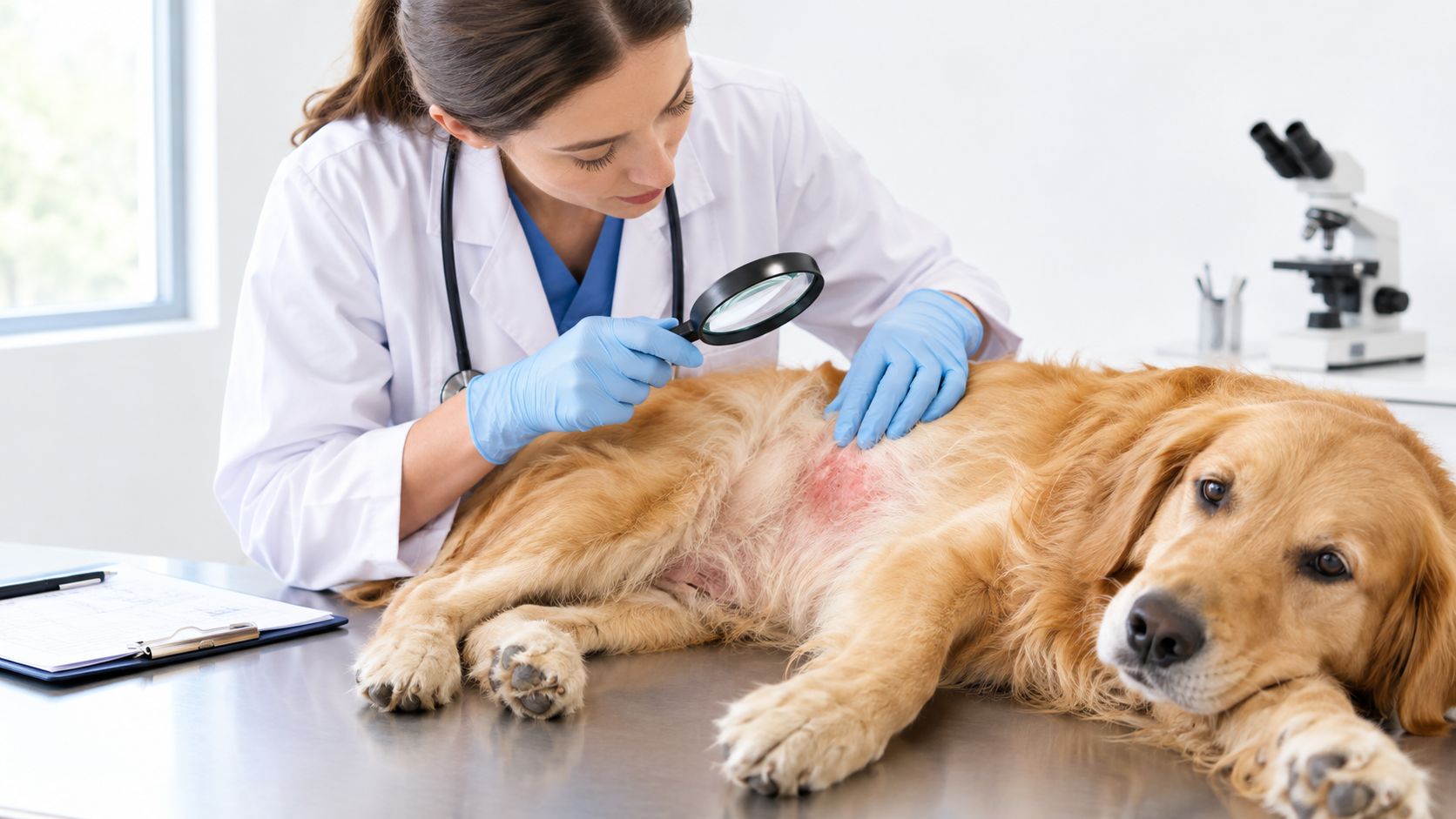 A female veterinarian examining a skin rash on a golden retriever dog using a magnifying glass.