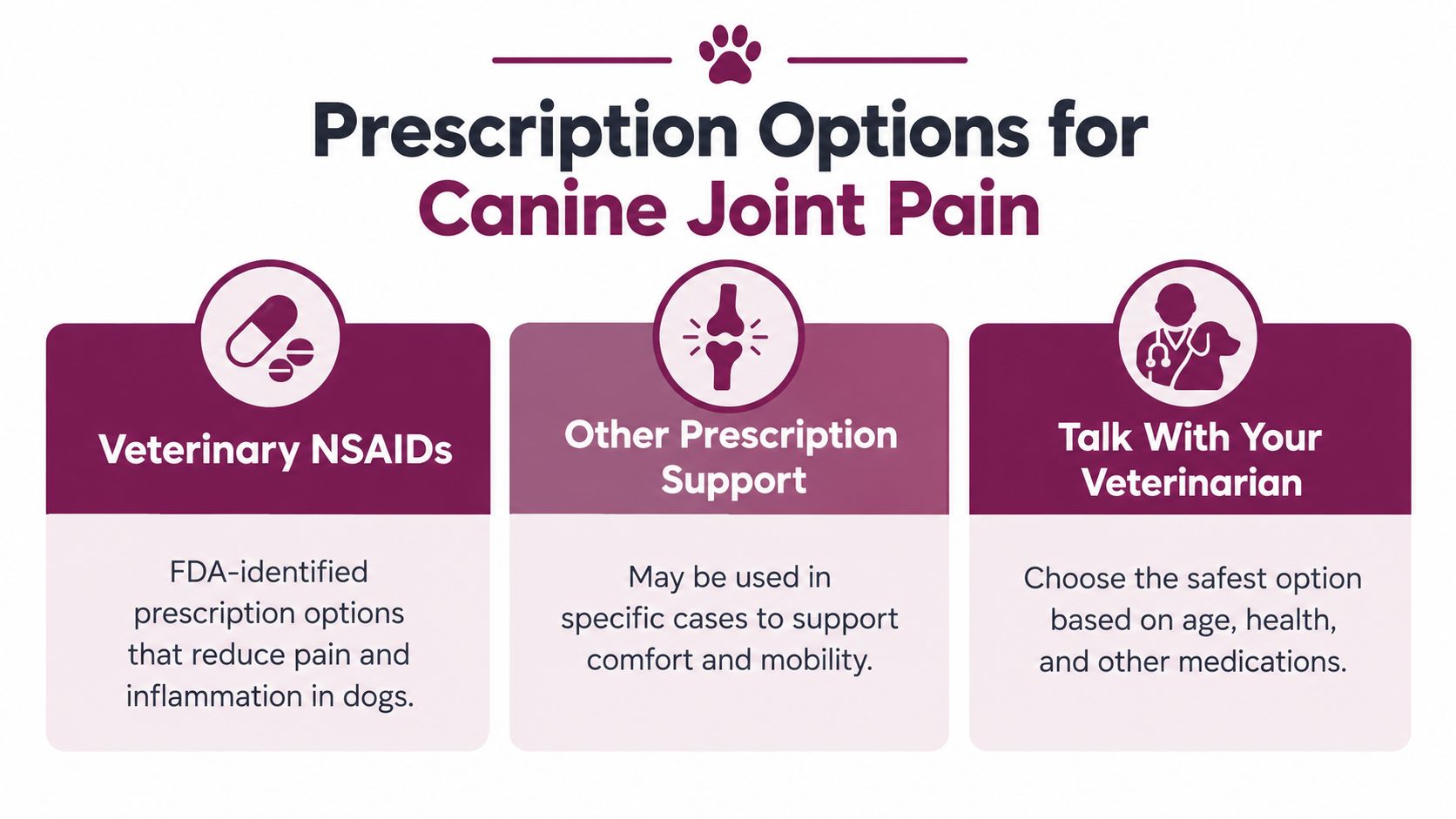 A graphic showing three prescription options for managing canine joint pain, including veterinary NSAIDs and professional advice.