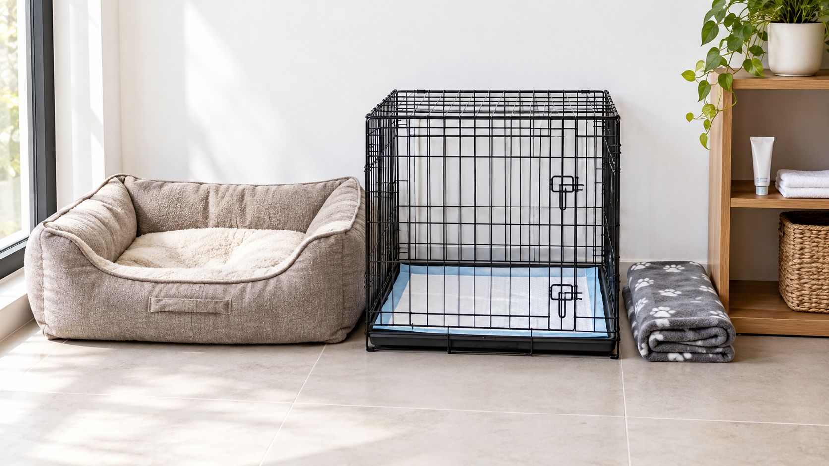 A dog crate with an absorbent puppy pee pad inside, set next to a cozy dog bed.