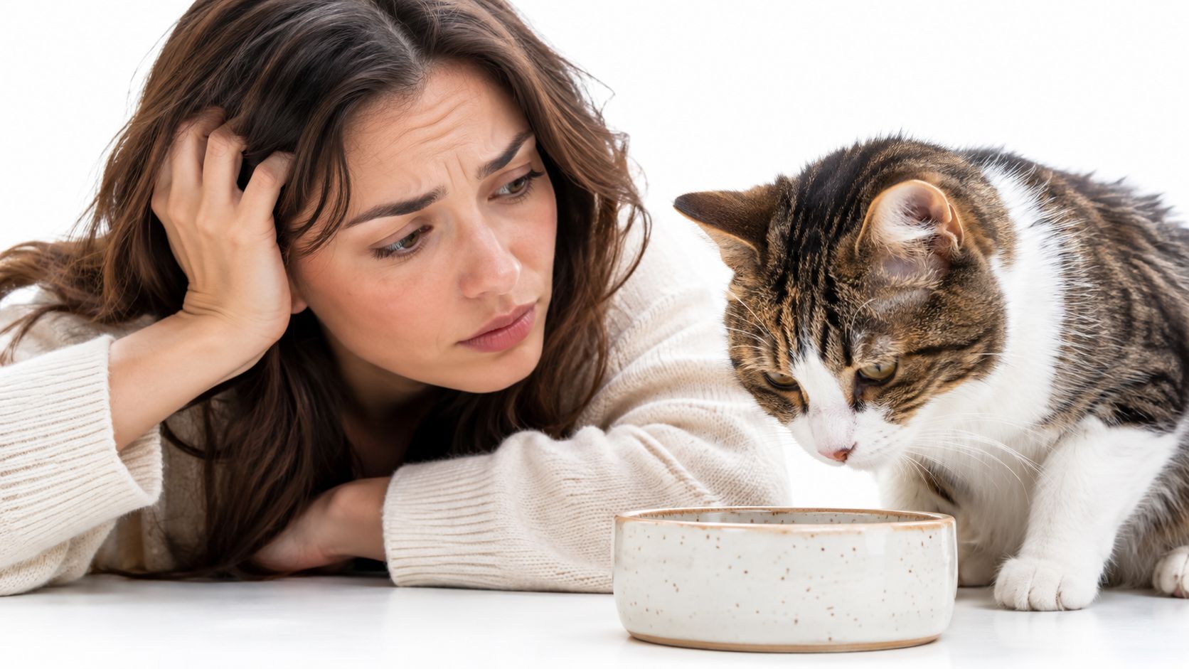A concerned woman watches her cat, who is looking down at an empty food bowl.