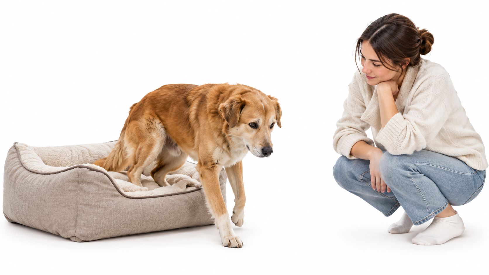 A woman crouches on the floor, watching her golden-colored dog step slowly out of a soft bed.