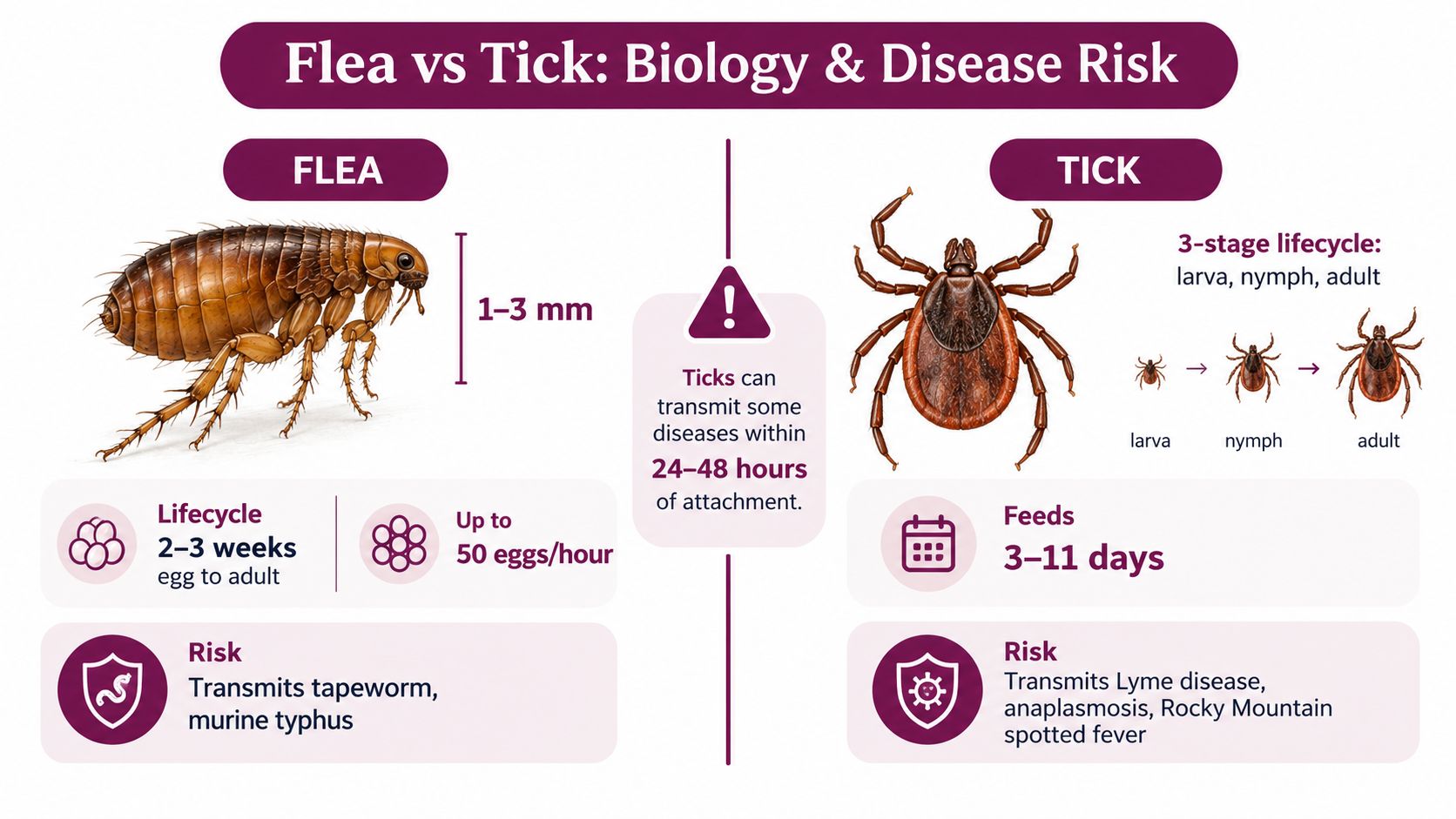 An infographic comparing the biology, lifecycles, and disease risks associated with fleas and ticks.