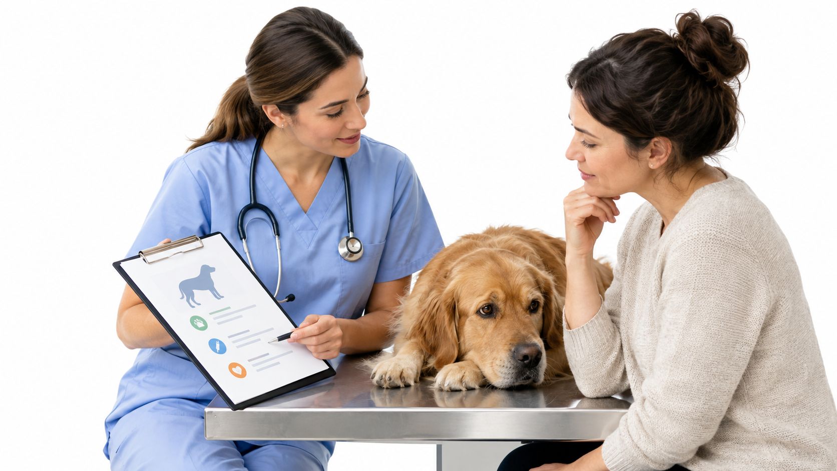 A female veterinarian explaining a pet's health report to a dog owner with her golden retriever.
