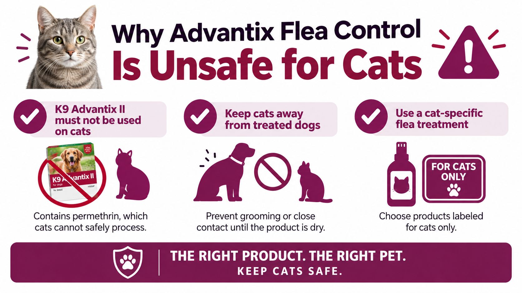 An educational infographic explaining why K9 Advantix II flea control products are toxic and unsafe for cats.