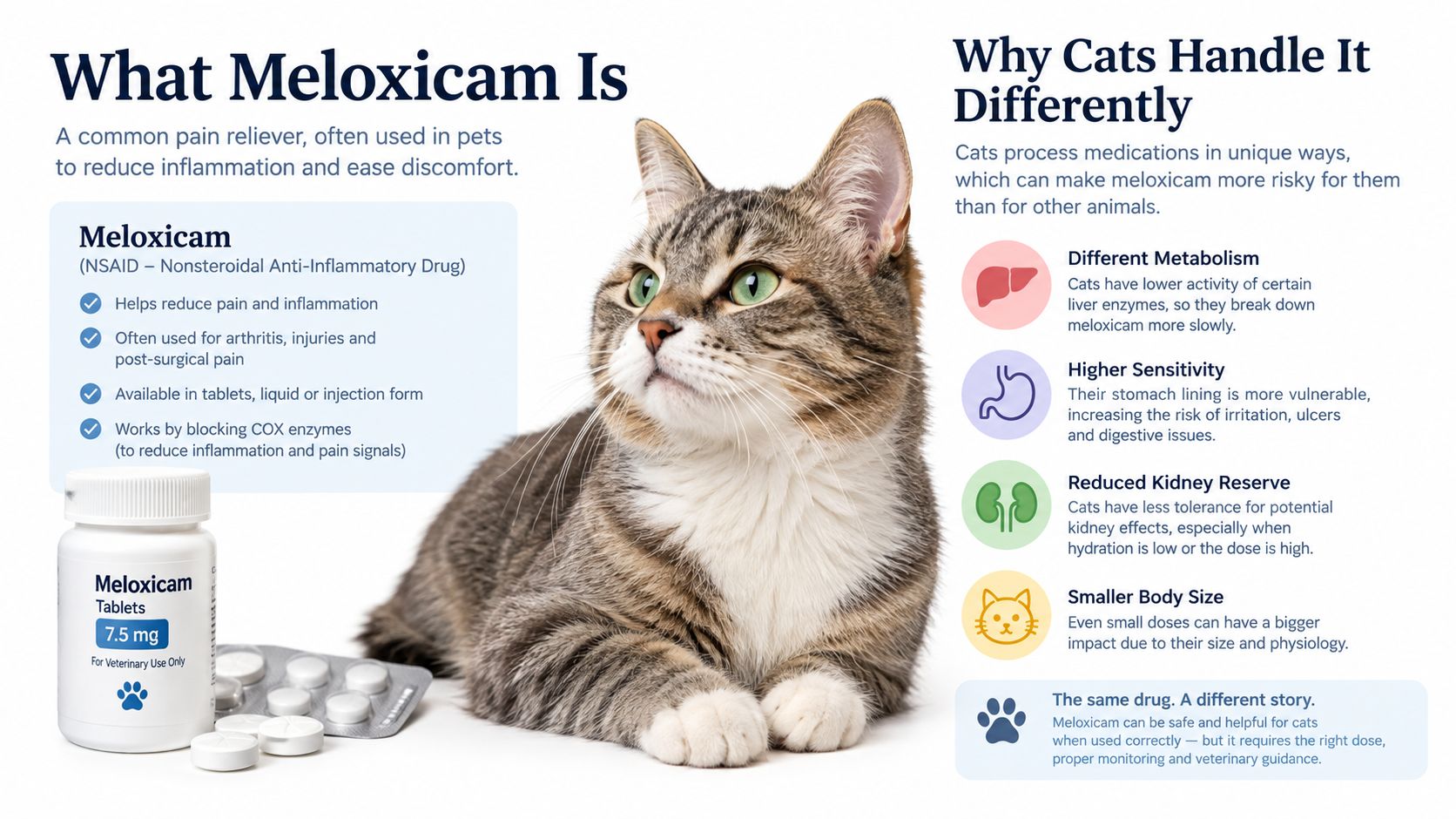 An infographic explaining how meloxicam, a common pain medication, affects cats differently due to their unique metabolism.
