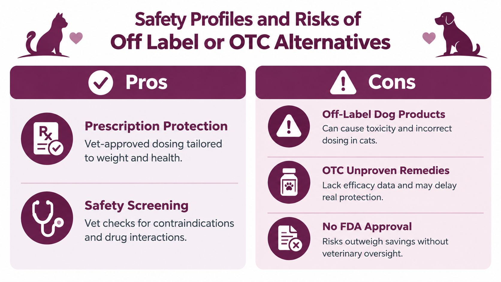 A safety infographic detailing the pros and cons of using off-label or over-the-counter medication for pets.